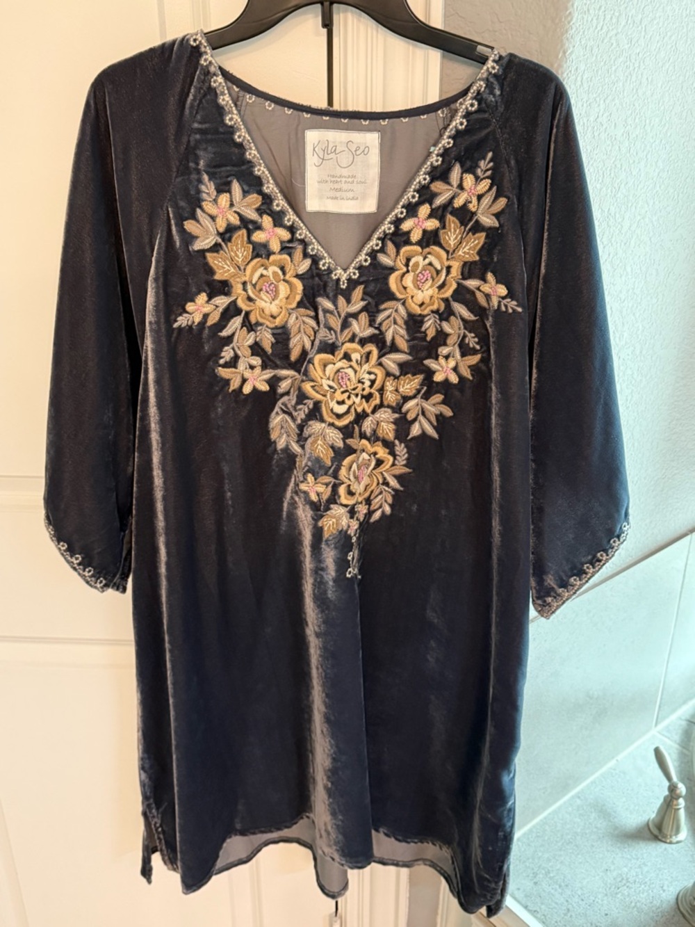 Kyla Seo Velvet Embroidered V-Neck Shift Dress with Floral Motif